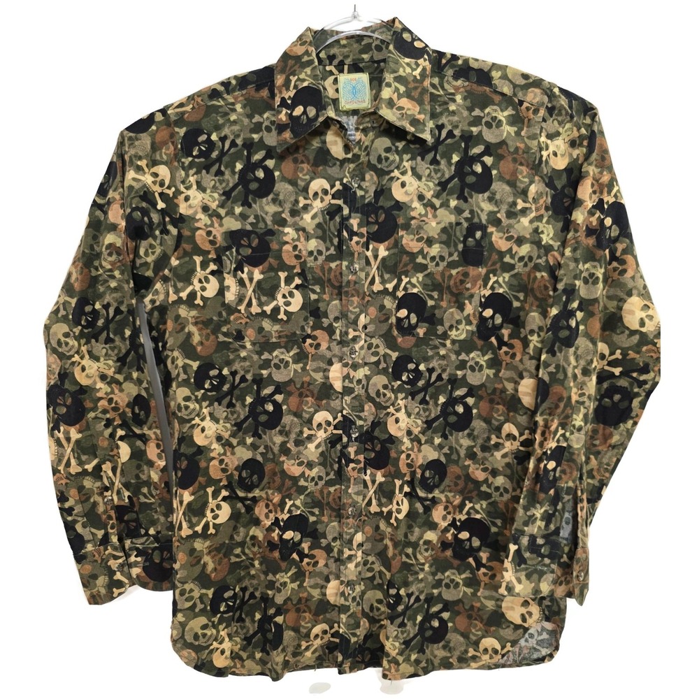 Dos Carolinas Shirt Mens Large Camo Skull Crossbones Button Front‎ Cotton